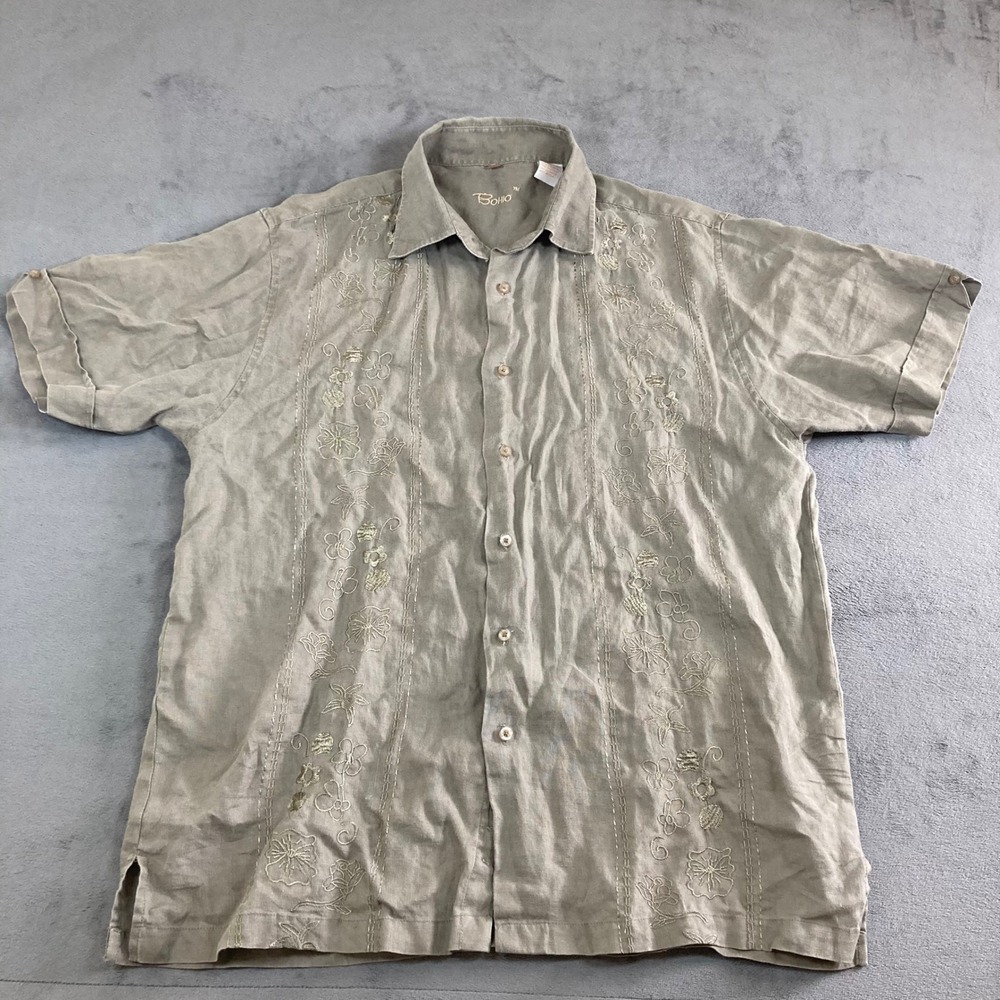 Bohio Mens 100% Linen Embroidered Guayabera Shirt Short Sleeve Olive Green SizeM